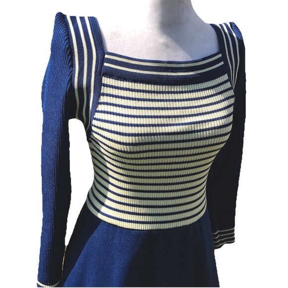Vtg 60s 70s Giamo Knits Mod Navy Blue Striped Knit Maxi Sailor Sweater Dress USA - Picture 1 of 16
